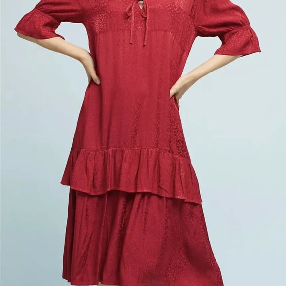LACAUSA Anthropologie Imelda Raspberry Red Silky Tiered Midi Dress - Picture 4 of 8